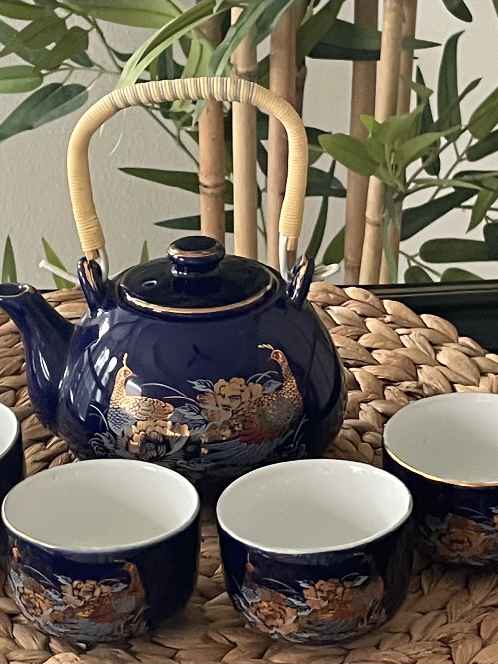 Navy Blue Ceramic Peacock Teapot Set with Cups